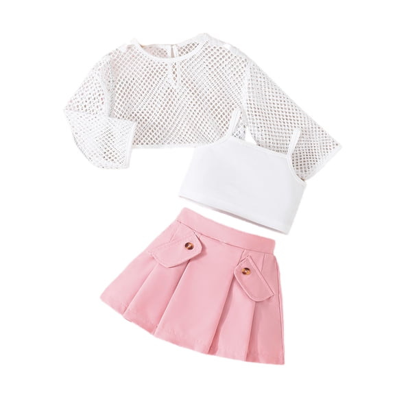 3 Piece Skirt Suit Toddler Girl Hollow Out Tops Crop Camisole Pleated Mini Skirt Kids Fashion Clothes Matching Set, Pink, 5 Years