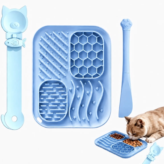3-Piece Slow Feeder Cat Bowl Set with Strong Suction Cups, Silicone Lick Mat, Cat Treat Dispenser & Food Spoon for Wet Food, Blue
