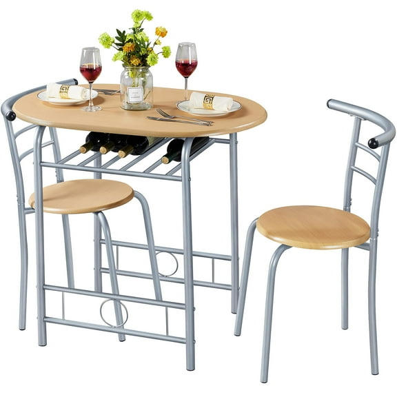 Space Saving 3 Piece Dining Table Set, Compact Kitchen Table and Chairs with Steel Frame, Storage Shelf for Small Homes, Studio, Brown