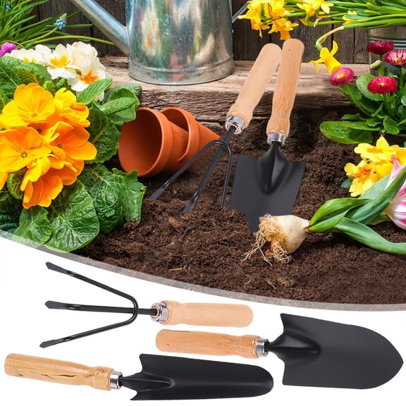 3 Piece Small Garden Tools Set - Mini Shovel, Trowel & Hand Rake with Solid Wood Handle, Indoor Gardening Tools for Succulent, Bonsai, Herbs and Pot