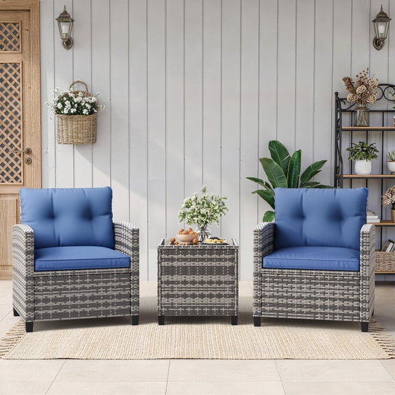 3 Piece Small Space Wicker Patio Set, Grey Gradient Rattan Table and Chairs with Blue Cushions, Compact Outdoor Bistro Set for Apartment Balcony, Courtyard & Nook