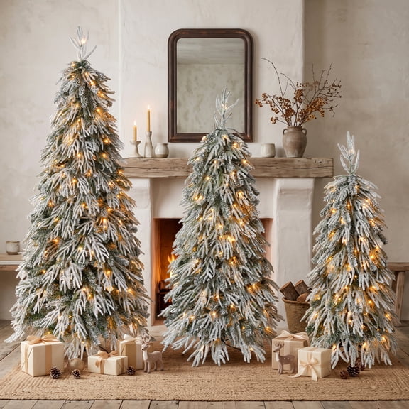 3-Piece Snowy Cascading Christmas Tree Set, Flocked Weeping Branches with Controllable Warm White Lights, 8 Lighting Modes, Multi-Level Forest Display for Holiday Home Decor