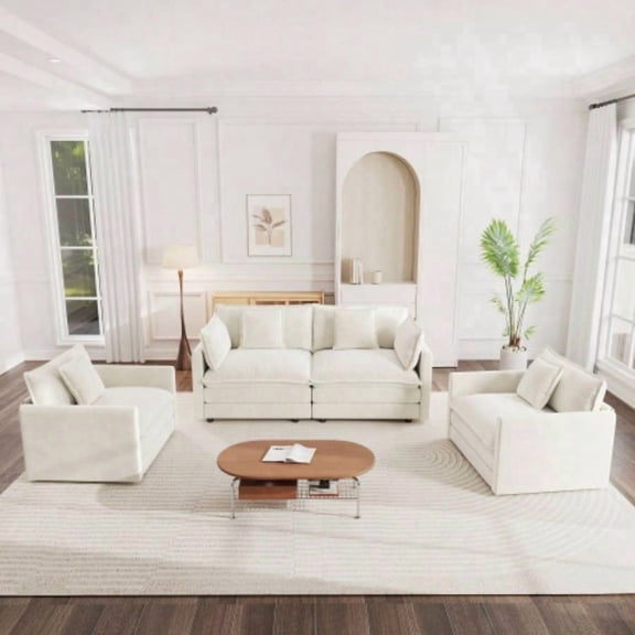 3 Piece Sofa Set with Arm Pillows and Toss Pillows, Sofa Set Include 2 - Piece of Arm Chair and One 2 - Sofa, Space Saving Casual Sofa Set Living Room, White Chenille