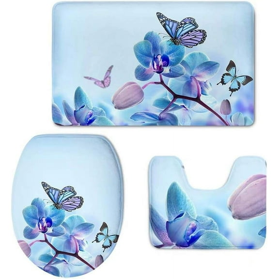 3 Piece Soft Absorbent Bathroom Rug Set Blue Butterfly Design Includes Bath Mat Contour Rug Lid Cover