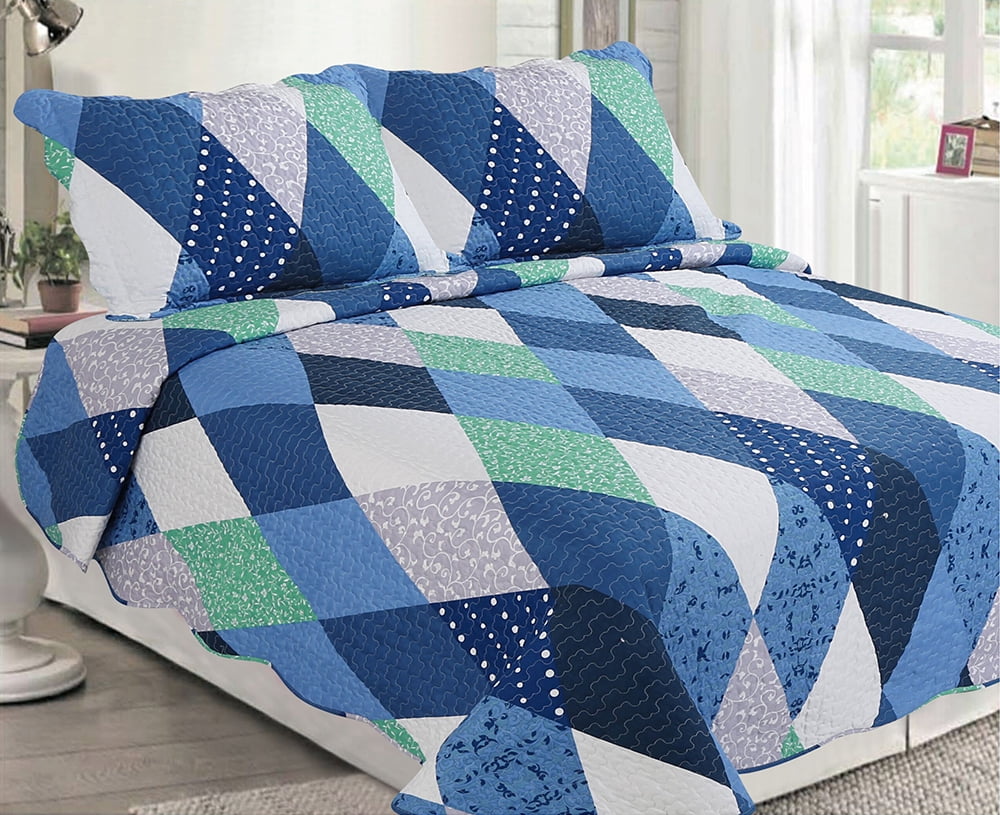 3Piece Soft Light weight Cottage Patchwork Bedspread Quilt Set,Queen