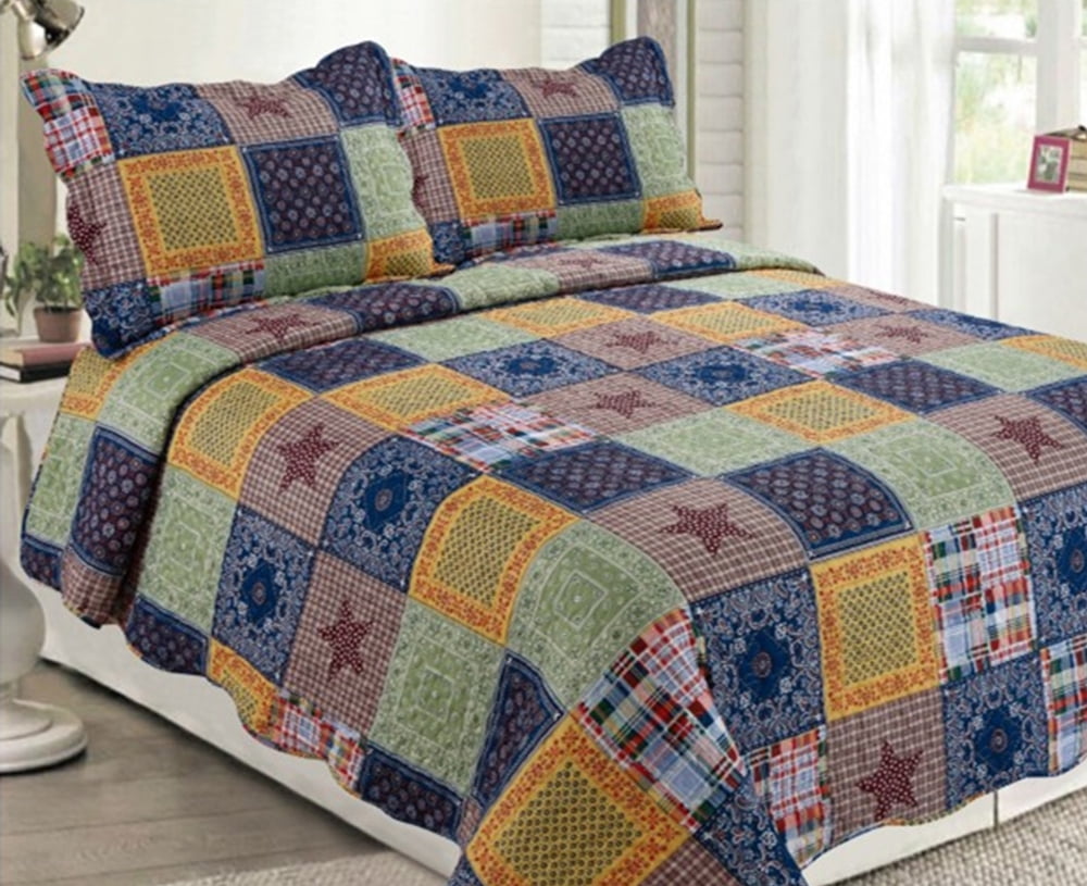 3Piece Soft Light weight Cottage Patchwork Bedspread Quilt Set,Queen