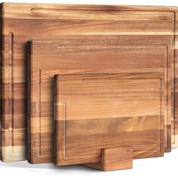 3 Piece Solid Acacia Wood Cutting Board Set with Storage Stand, 0.8 Inch Thick Multi Size Wooden Chopping Boards with Juice Grooves for Kitchen Prep