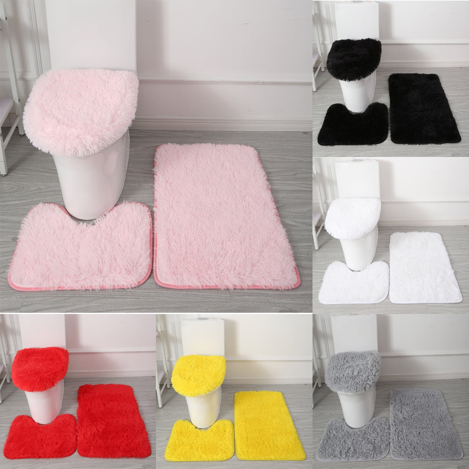 3Piece Solid Bathroom Rug Set Bath Mat Contour & Toilet Lid Cover