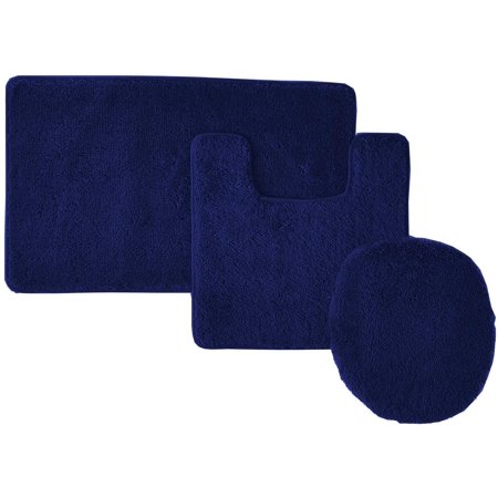 3 Piece Solid Bathroom set- Bath Mat + Contour Rug + Toilet Lid Cover- Soft Rug