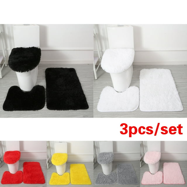 3Piece Solid Color Bathroom Set Bath Mat Contour Rug Toilet Lid Cover