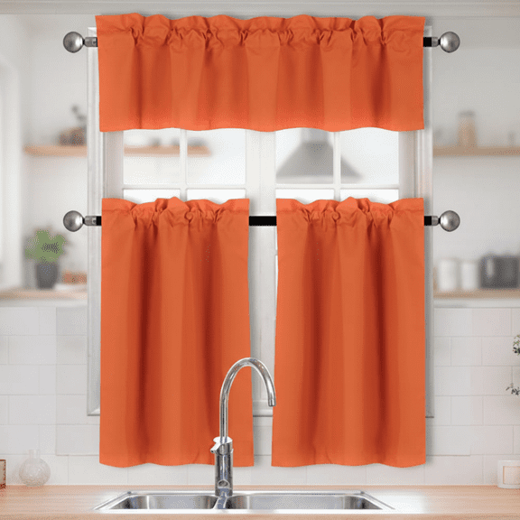 3-Piece Solid Color Kitchen Curtain Set with Tier and Valence, Rod Pocket Blackout Drapes in Microfiber for Complete Sunlight Blocking and Window Treatment
