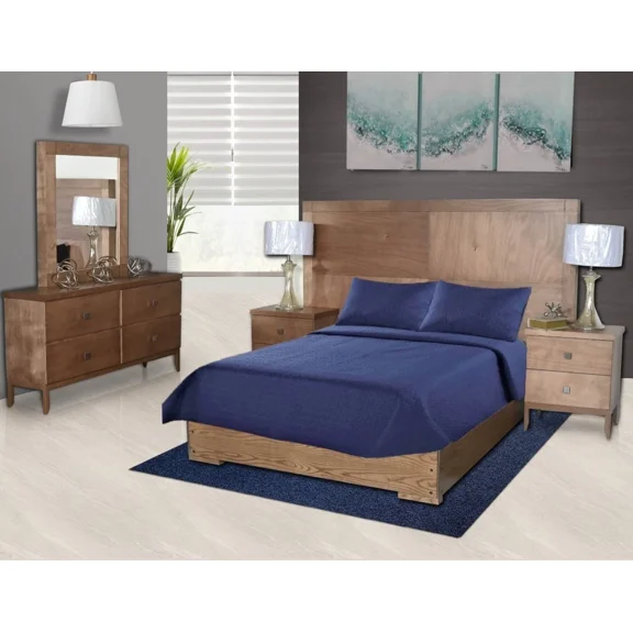 Gorgeous Home Linen Queen Super Lightweight Quilt Nena Set Hotel Quality Reversible Solid Color Curved Stitch Pattern Use Anywhere Includes Pillowcases Navy Blue