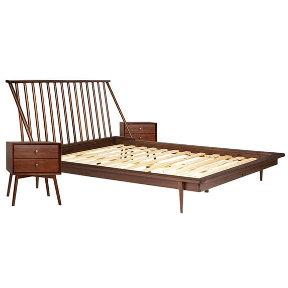 3-Piece Solid Wood Bedroom Set Spindle Bed + Two 2-drawer nightstands - Walnut
