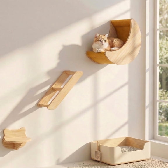3-Piece Solid Wood Cat Wall Perch Set With Moon Hammock And Ladder