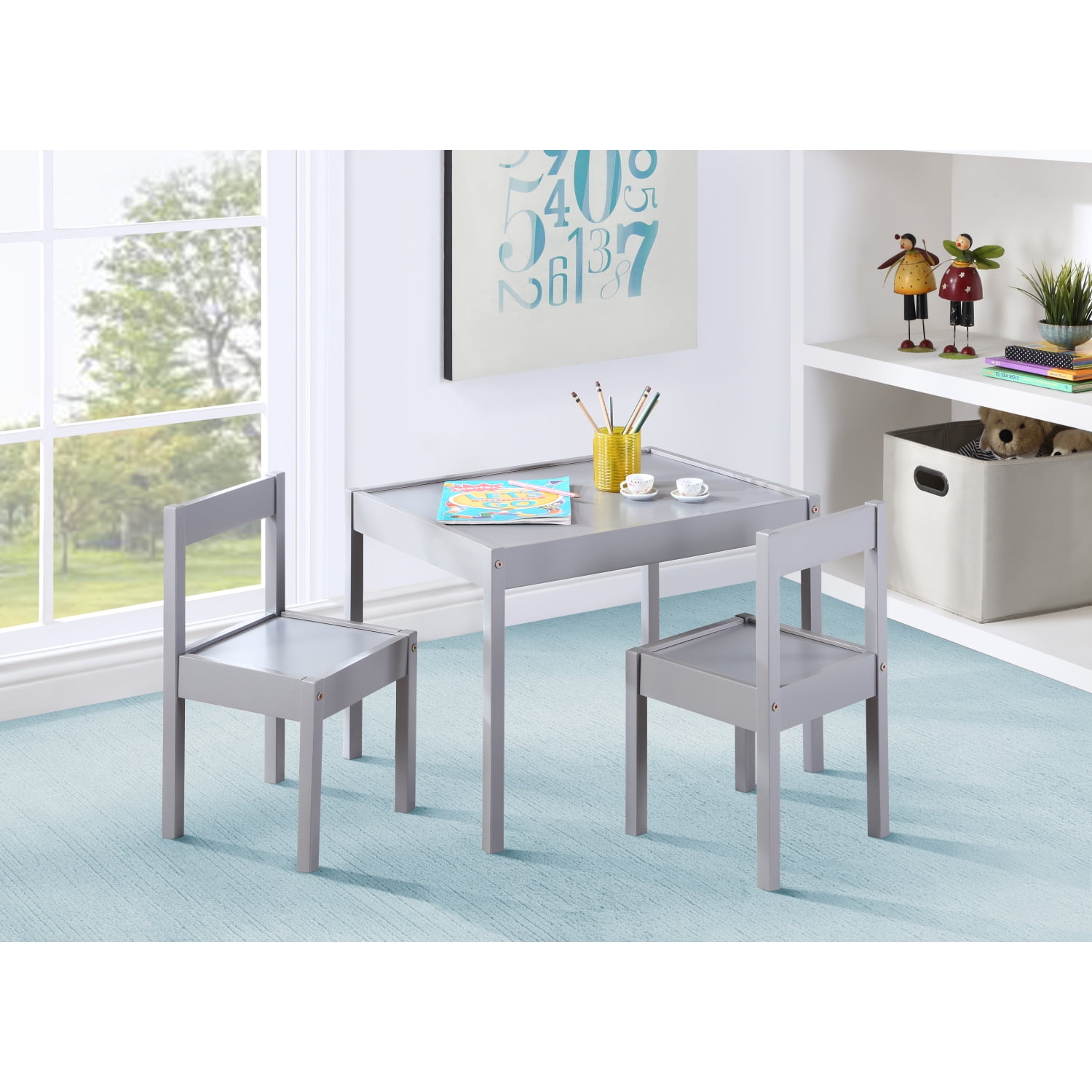 3-Piece Solid Wood Kids Table & Two Chair Set, Gray Gray + Rubberwood ...