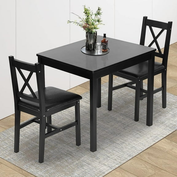 3-Piece Solid Wood Kitchen Table Set for 2 | Pine Dining Table with Upholstered Chairs | Space-Saving Design | Smooth Easy-to-Clean Surface | for Dining Room, Apartment, Restaurant, Dark Brown