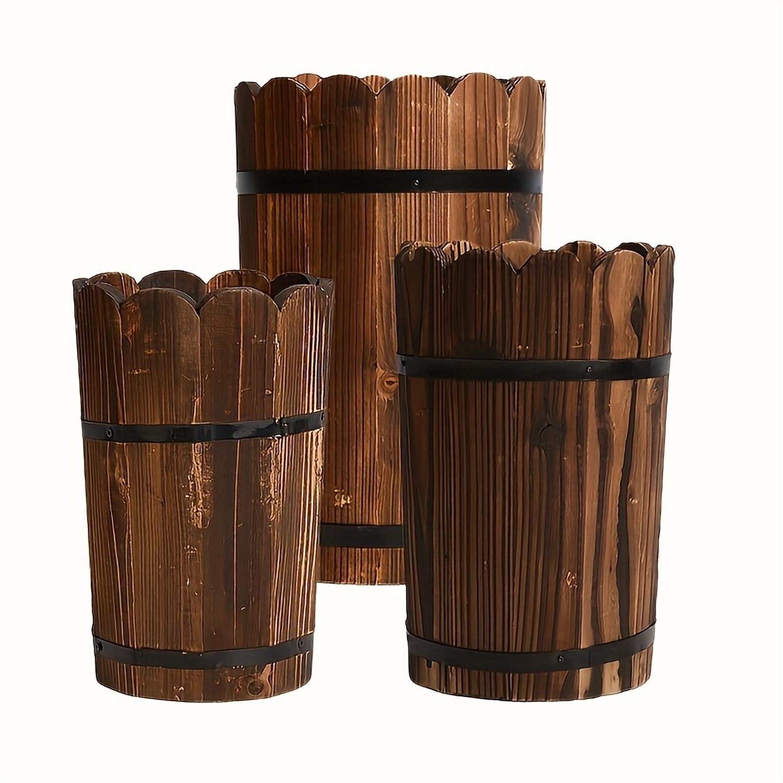 3-Piece Solid Wood Planting Pots - Round Anti-Corrosion Garden Planters ...