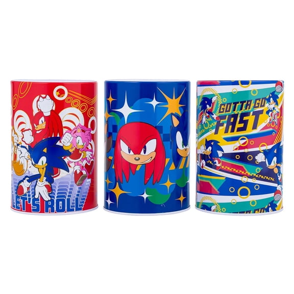 3 Piece Sonic The Hedgehog Tin Savings Bank, 3 Assorted, 6.2"H
