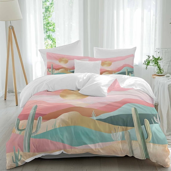 3 Piece Southwest Boho Duvet Cover Set California King,Microfiber Comforter/Quilt Cover with Corner Ties and 2 Pillowcases,Abstract Watercolor Cactus Mountain All Season Bedding with Zipper Closure