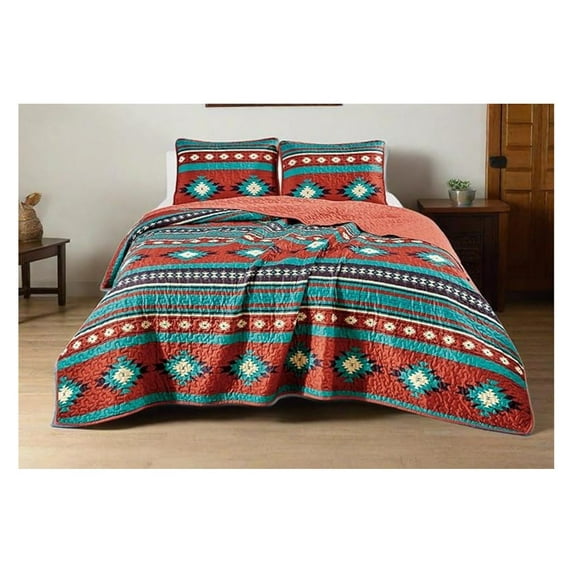 3-Piece Southwestern Geometric Tribal Quilt Set - Multicolor Red Teal Beige Lightweight Quilted Bedspread Set, Queen (100" x 95")