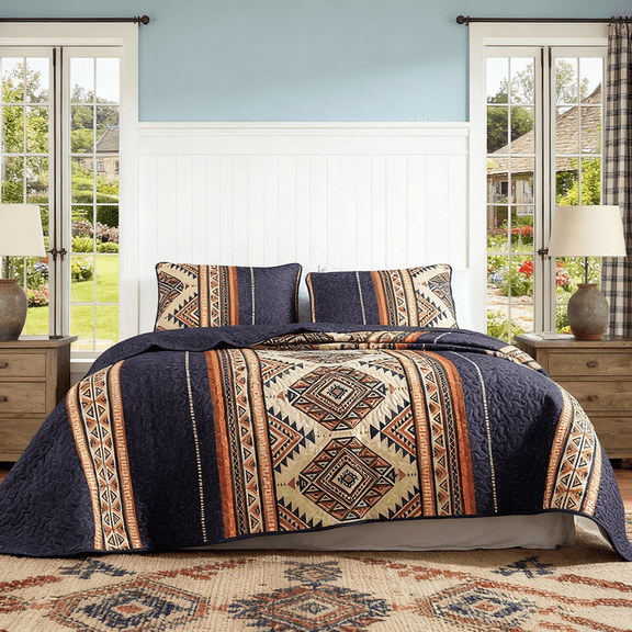 3-Piece Southwestern Style Bedspread Set, Geometric Quilt with Sham, Lightweight and Soft Polyester Fabric, Bohemian Tribal Print Bedding for Master or Guest Room