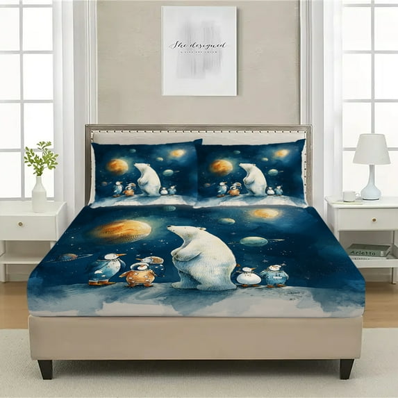 3-Piece Space Adventure Bears Print Bed Sheet Set - Ultra Soft Fitted Sheet & Pillowcases, Floral Bedding Collection for Girls, Teens and Adults