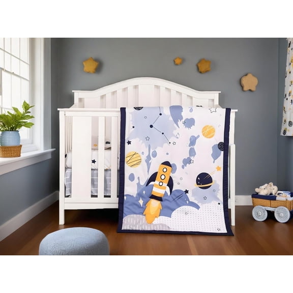 3-Piece Space Rocket Crib Bedding Set, Blue Yellow White
