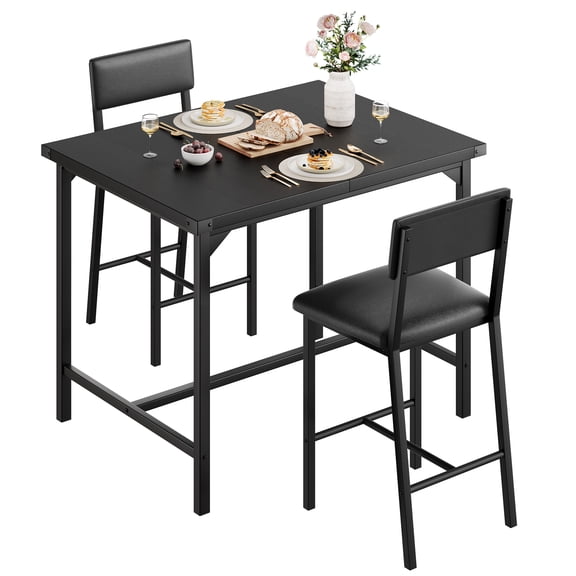 3-Piece Space-Saving Counter Height Dining Set for 2, High Top Table with Corner Protectors & Upholstered Stools with Footrest, Compact Modern Furniture for Kitchen Dining Room - Black