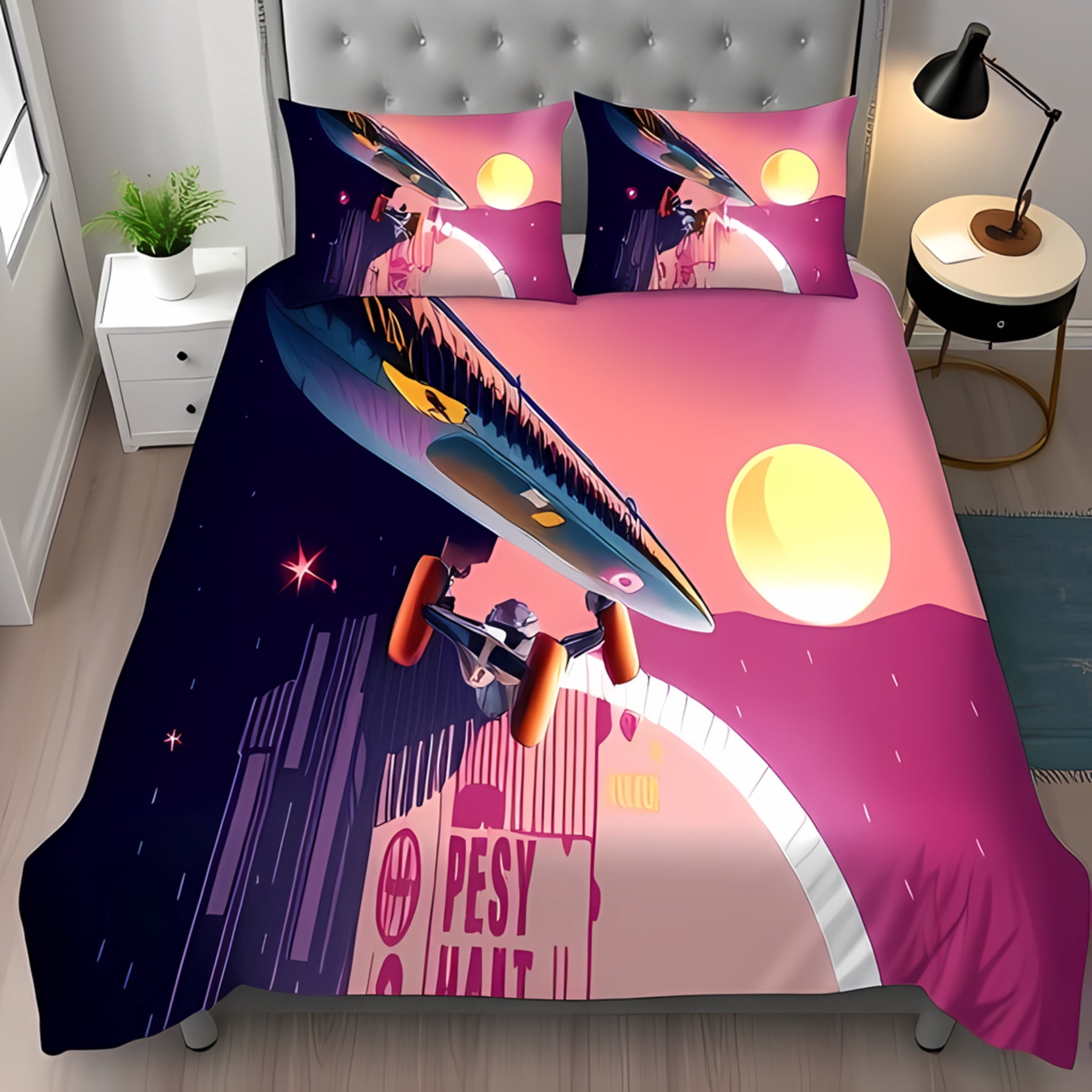 Green Galaxy Space Moon Earth Print Duvet Cover Bedding Set