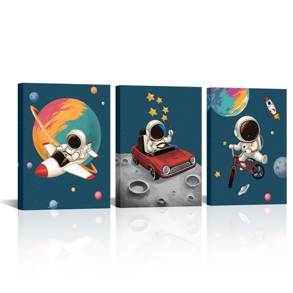 3 Piece Space Wall Art for Boys Girls Kids Bedroom Nursery Room Decor Funny Astronaut and Planet Canvas Painting Blue Astronomy Poster Picture Prints Artwork