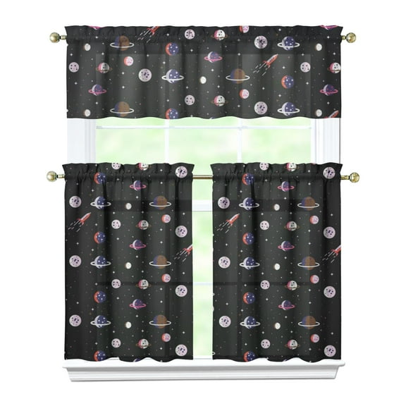 3 Piece Space and Galaxy Kitchen Curtains, Cute Celestial Star Constellation Tier Curtains with Valance, Moon and Stars Semi-Sheer Window Treatment