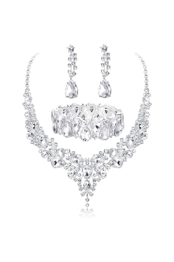 3-Piece Sparkling Crystal Bridal Jewelry Set with Swarovski Elements, Premium Rhodium Plating, Complete Necklace Earrings Bracelet Suite for Bride & Bridesmaid Wedding Party