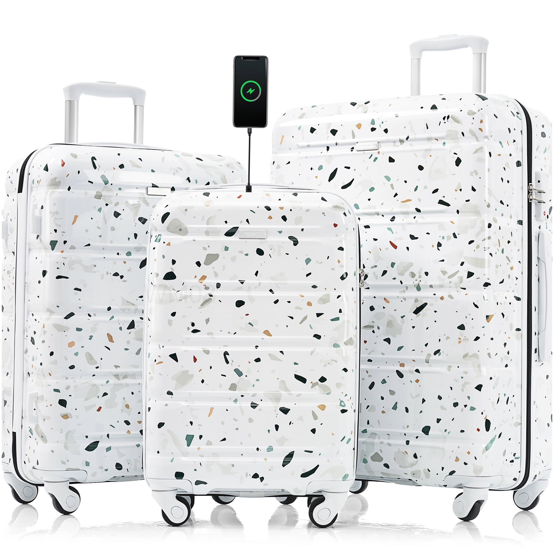 3-Piece Spinner Luggage Set with USB Charging Port, Airline Approved Carry-On, White Hard Shell Suitcase