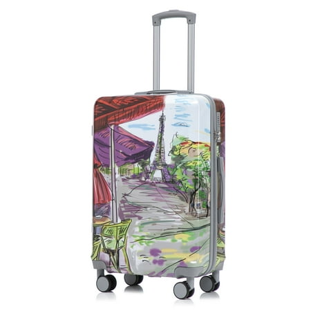 3-Piece Spinner Wheel Luggage Set (20”+24”+28”) - Hard Shell PC Suitcase with Printed Pattern, 360° Silent Wheels, TSA Lock & Retractable Handle (Coffee Iron Tower)