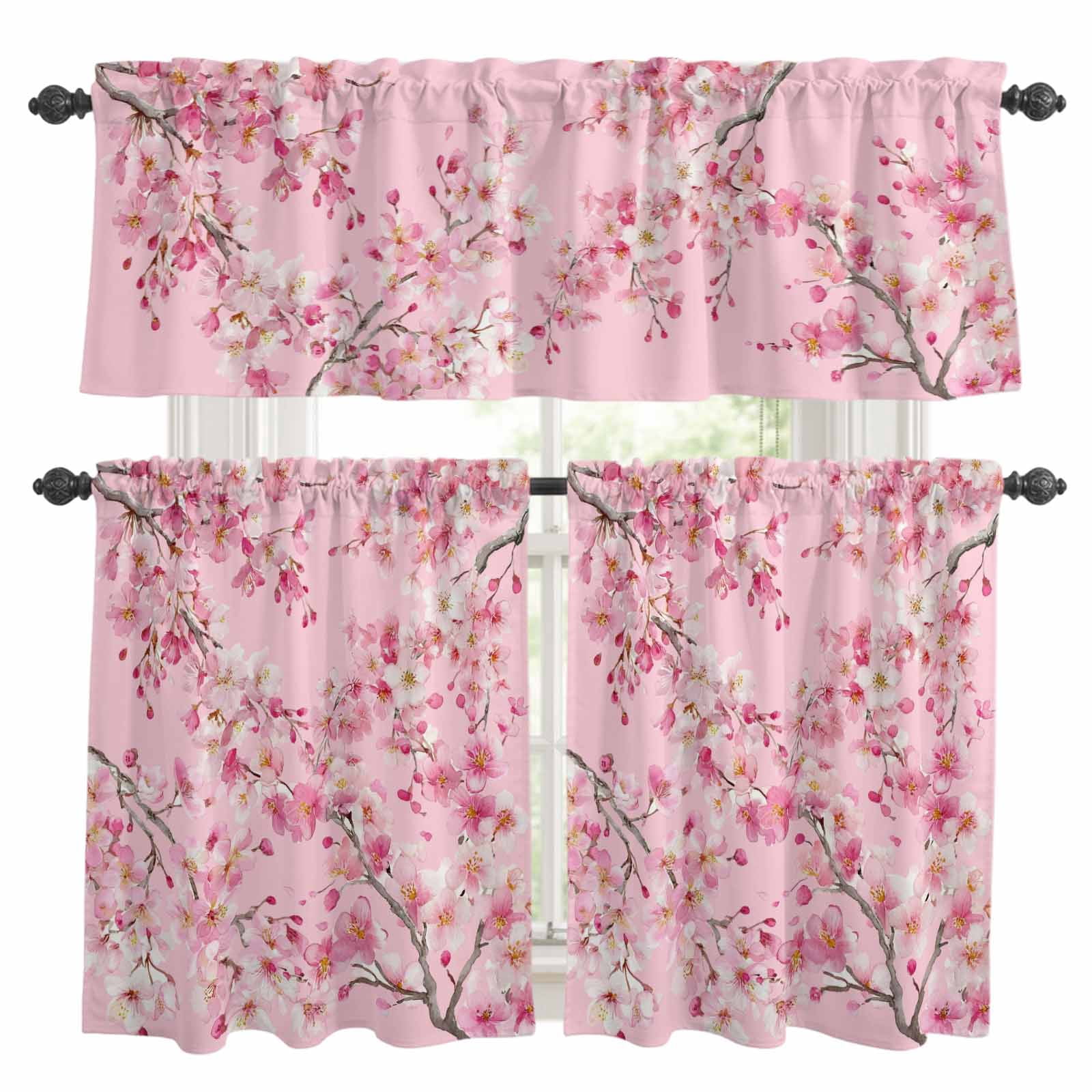 3 Piece Spring Cherry Blossoms Kitchen Curtain Valance and Tiers Set ...