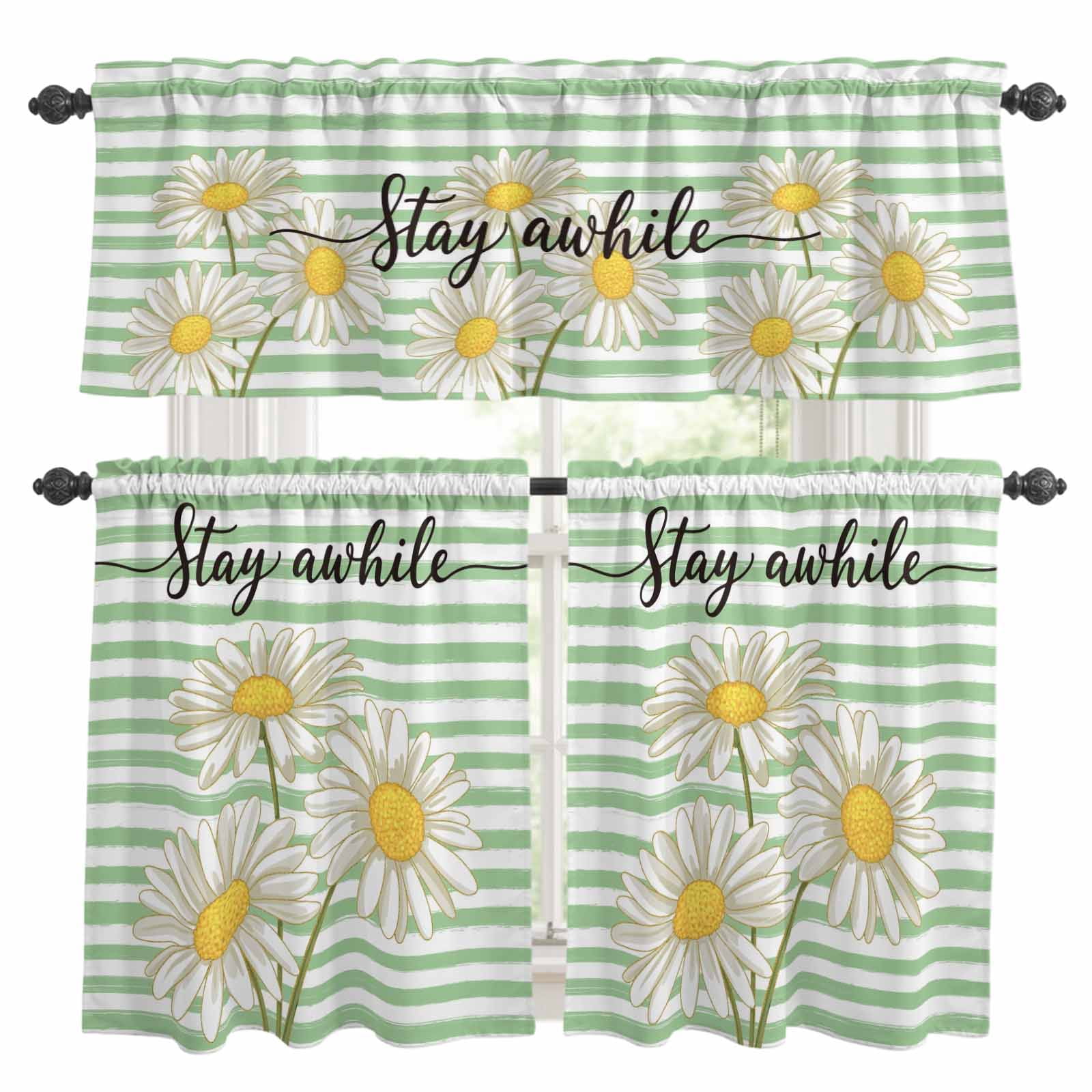 3 Piece Spring Daisy Kitchen Curtain Valance and Tiers Set Watercolor ...