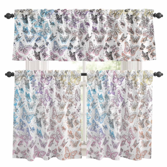 3 Piece Spring Day Kitchen Curtain Valance and Tiers Set Abstract Simple Line Butterflies Colorful Gradient Rod Pocket Tier Curtain 24 Inch Small Window Drapes for Living Room Bedroom Cafe Home Decor