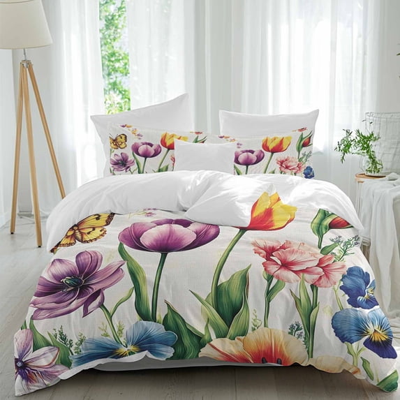 3 Piece Spring Floral Duvet Cover Set Queen Size,Microfiber Comforter/Quilt Cover with Corner Ties and 2 Pillowcases,Tulip Butterfly Summer Elegant Botanical All Season Bedding with Zipper Closure
