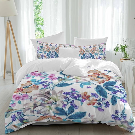 3 Piece Spring Floral Duvet Cover Set Twin Size, Microfiber Comforter/Quilt Cover with Corner Ties and 2 Pillowcases, Watercolor Colorful Summer Botanical All Season Soft Bedding with Zipper Closure