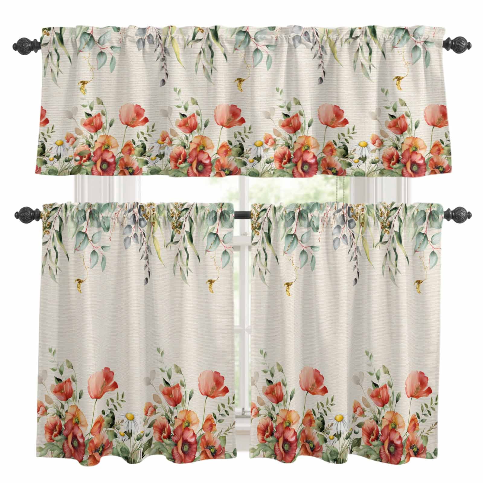3 Piece Spring Floral Kitchen Curtain Valance and Tiers Set Red Poppy ...