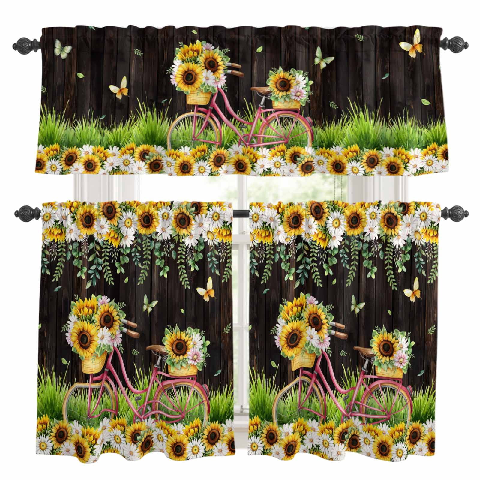 3 Piece Spring Floral Kitchen Curtain Valance and Tiers Set Sunflower ...