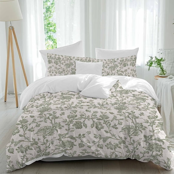 3 Piece Spring Flowers Duvet Cover Set Queen Size,Microfiber Comforter/Quilt Cover with Corner Ties and 2 Pillowcases,Farmhouse Sage Green Pastoral Floral Leaf All Season Bedding with Zipper Closure