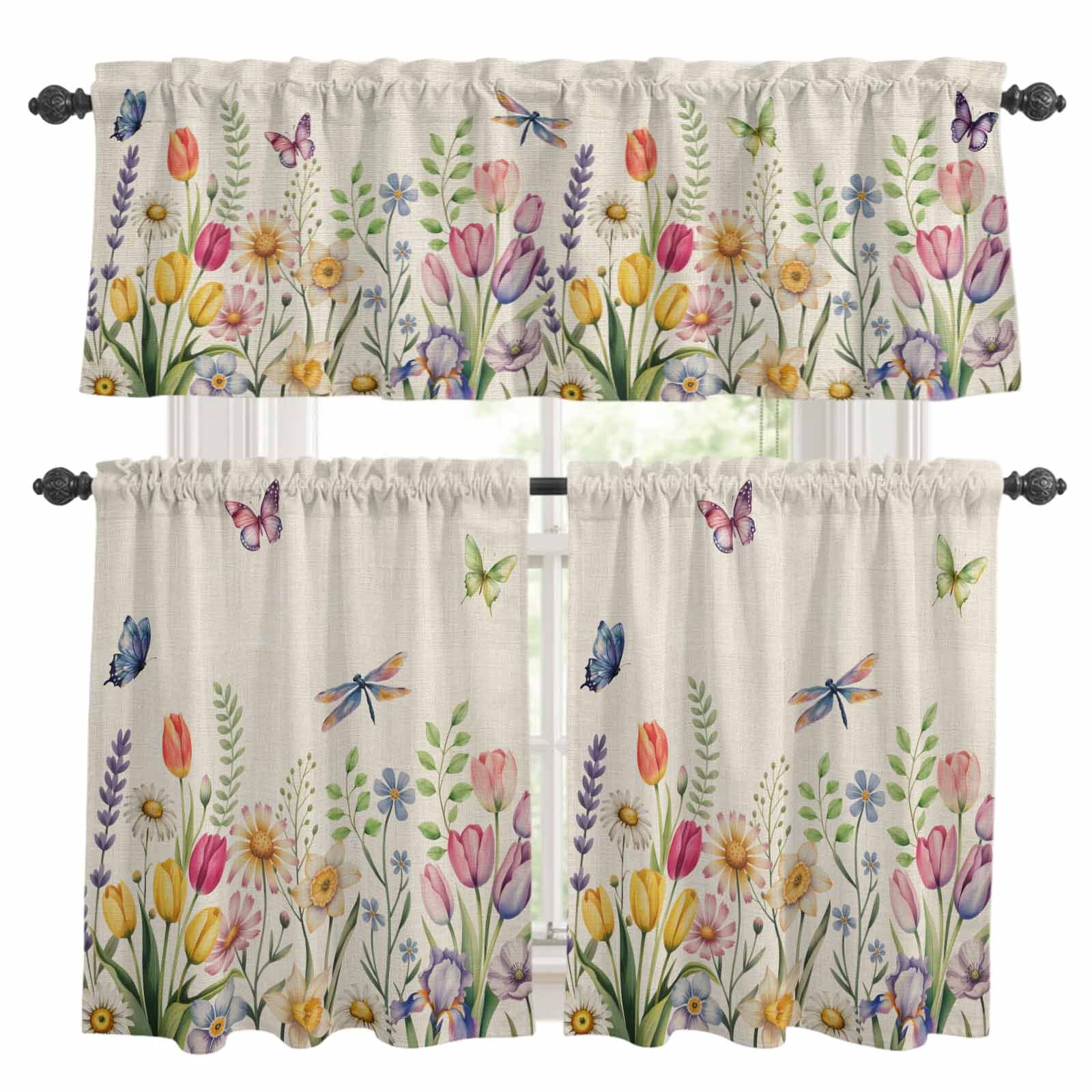 3 Piece Spring Flowers Kitchen Curtain Valance and Tiers Set Watercolor ...