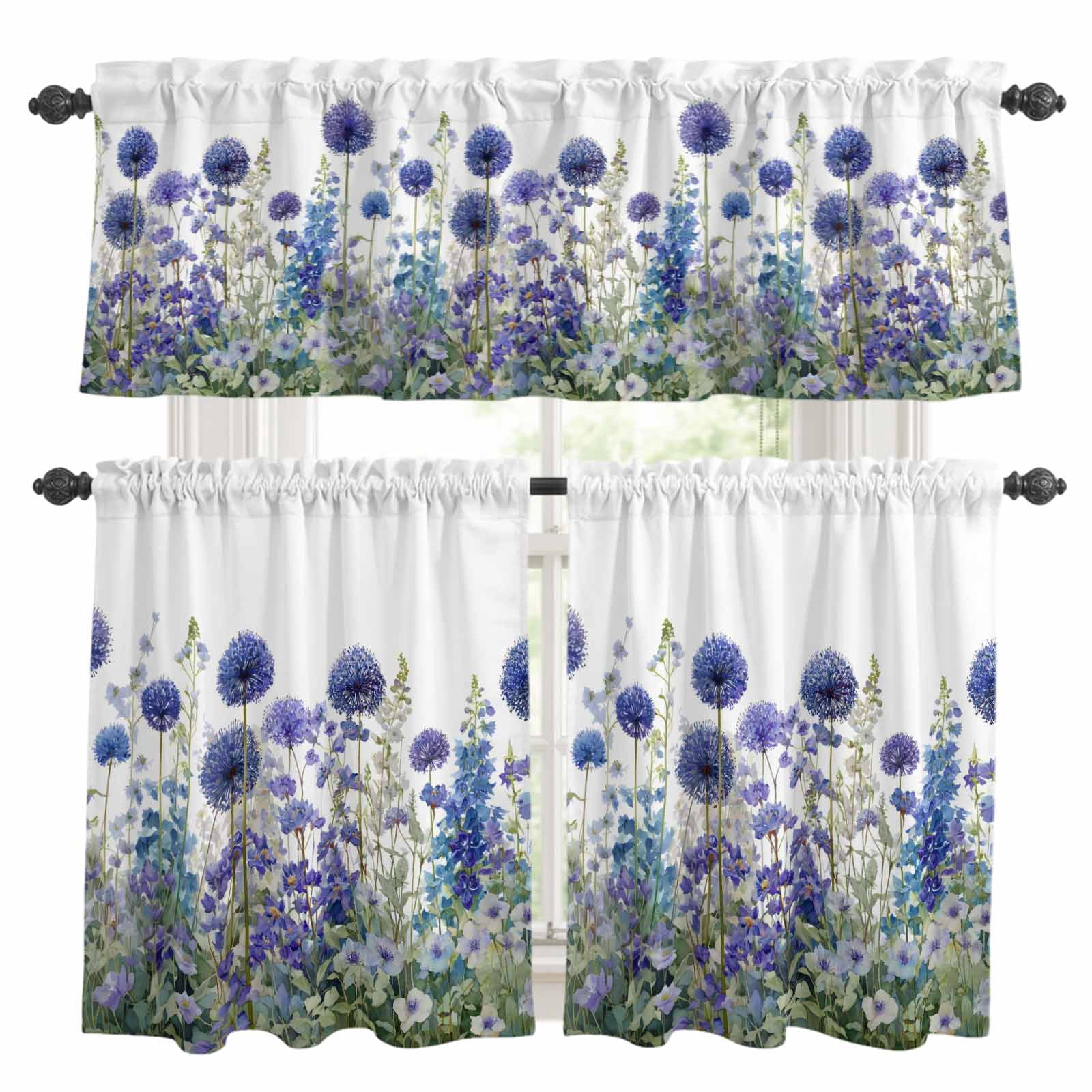 3 Piece Spring Flowers Kitchen Curtain Valance and Tiers Set Watercolor ...