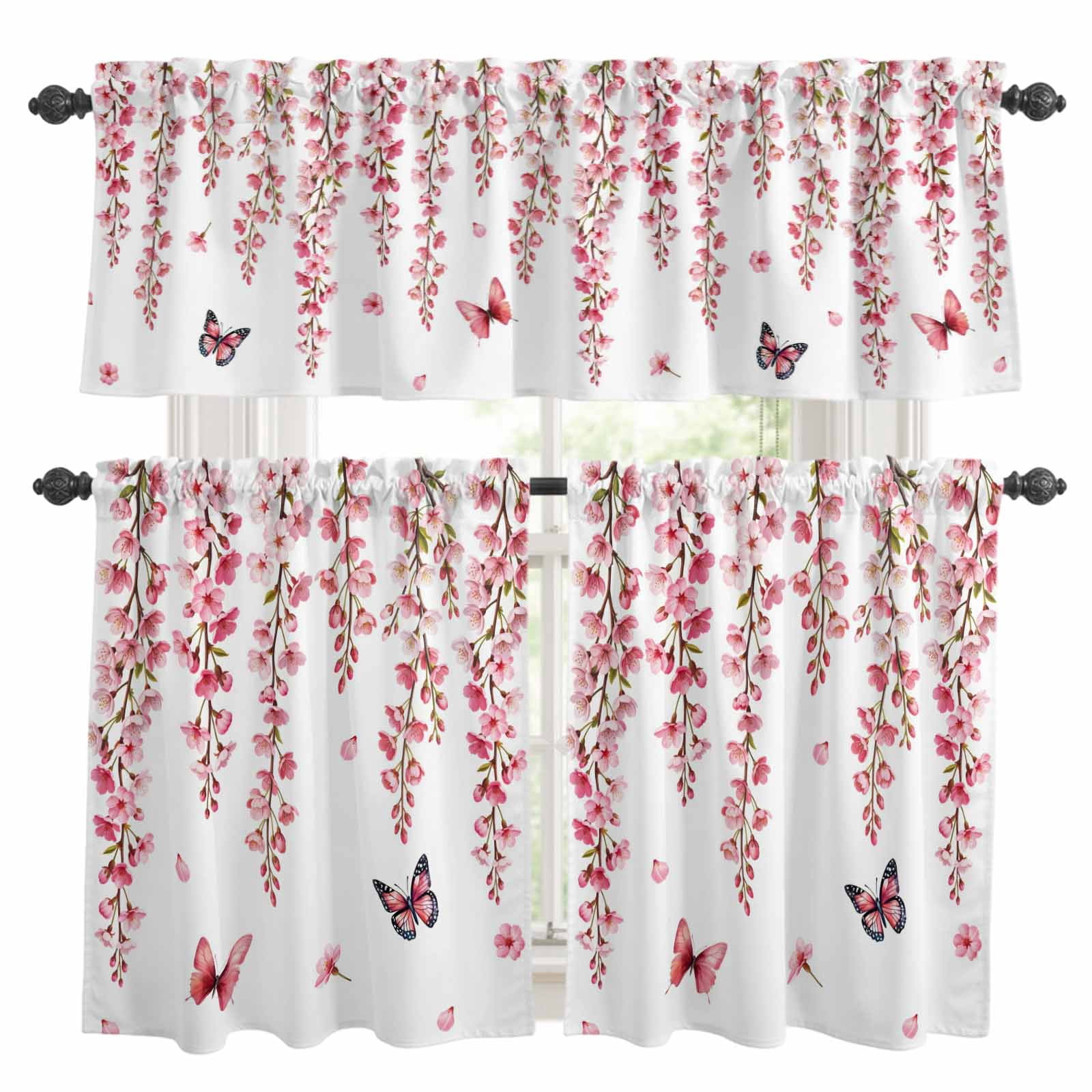 3 Piece Spring Flowers Kitchen Curtain Valance and Tiers Set Watercolor ...