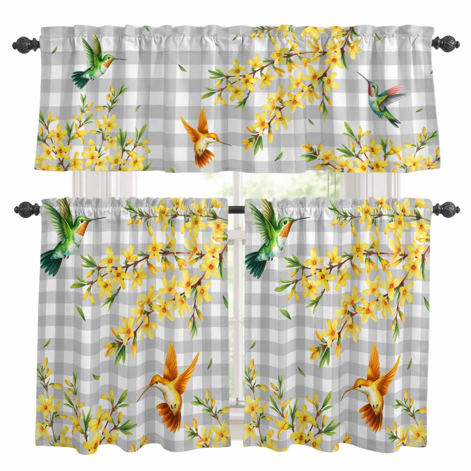Spring Color Drape 3 Piece Spring Flowers Kitchen Curtain Valance and Tiers Set Watercolor ...
