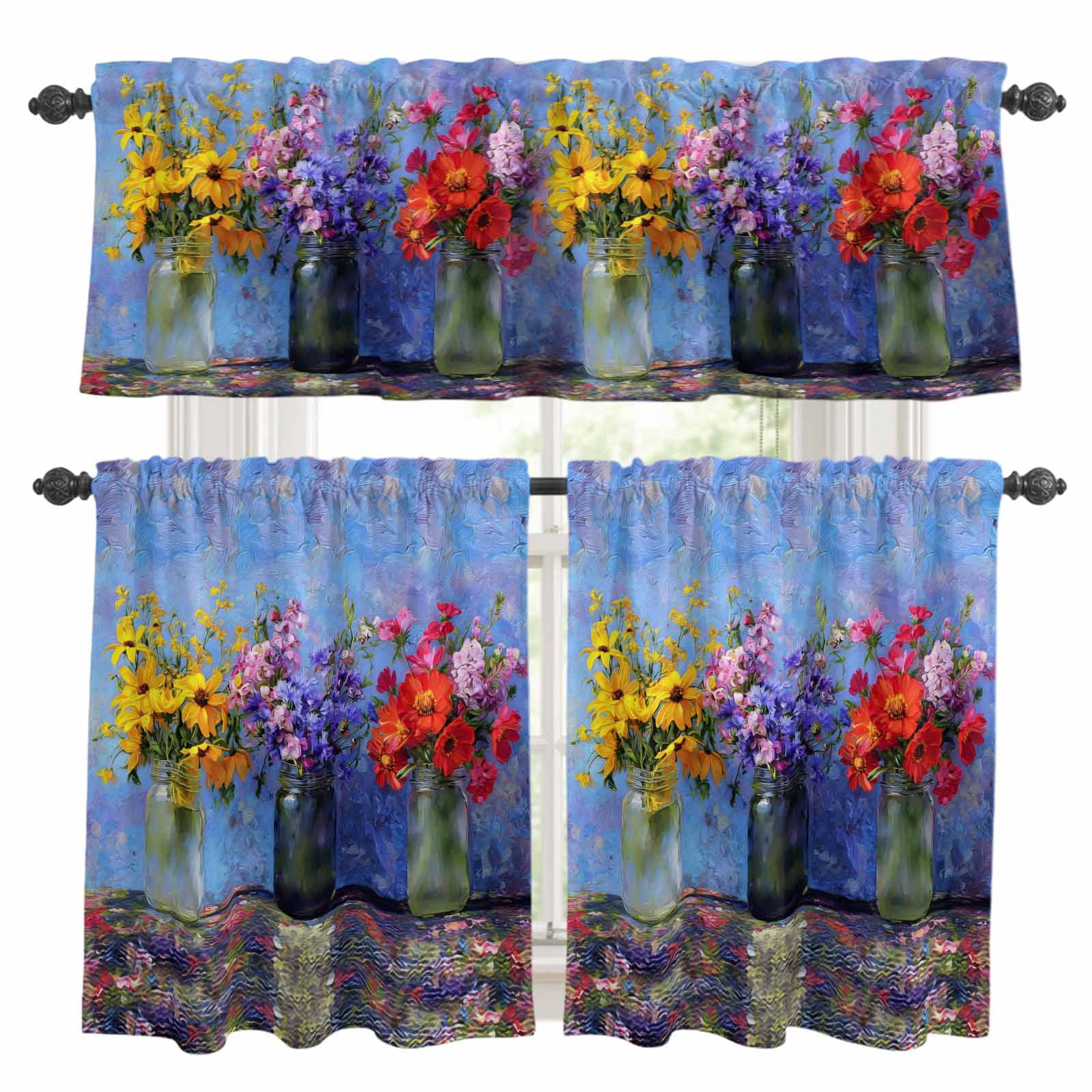 3 Piece Spring Flowers Kitchen Curtain Valance and Tiers Set Yellow Red ...