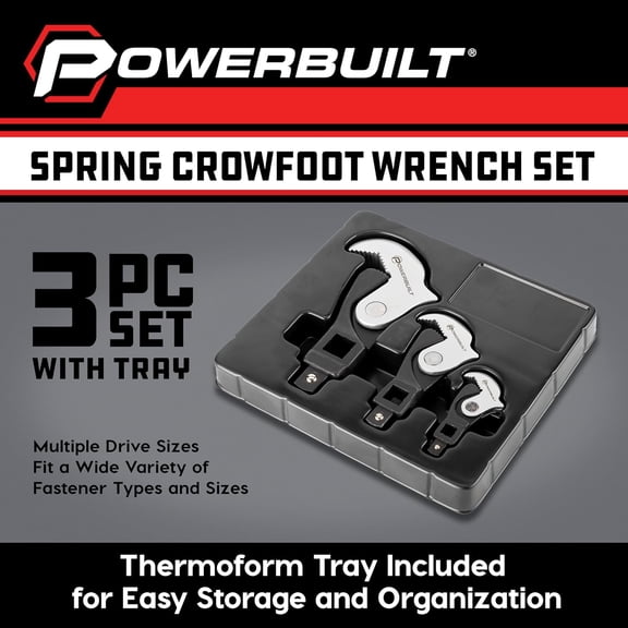 3 Piece Spring-Loaded Crowfoot Wrench Set, Adjustable, Auto Size, Universal Wrench, Self-Adjusting, Power Grip, Storage Tray - 642963