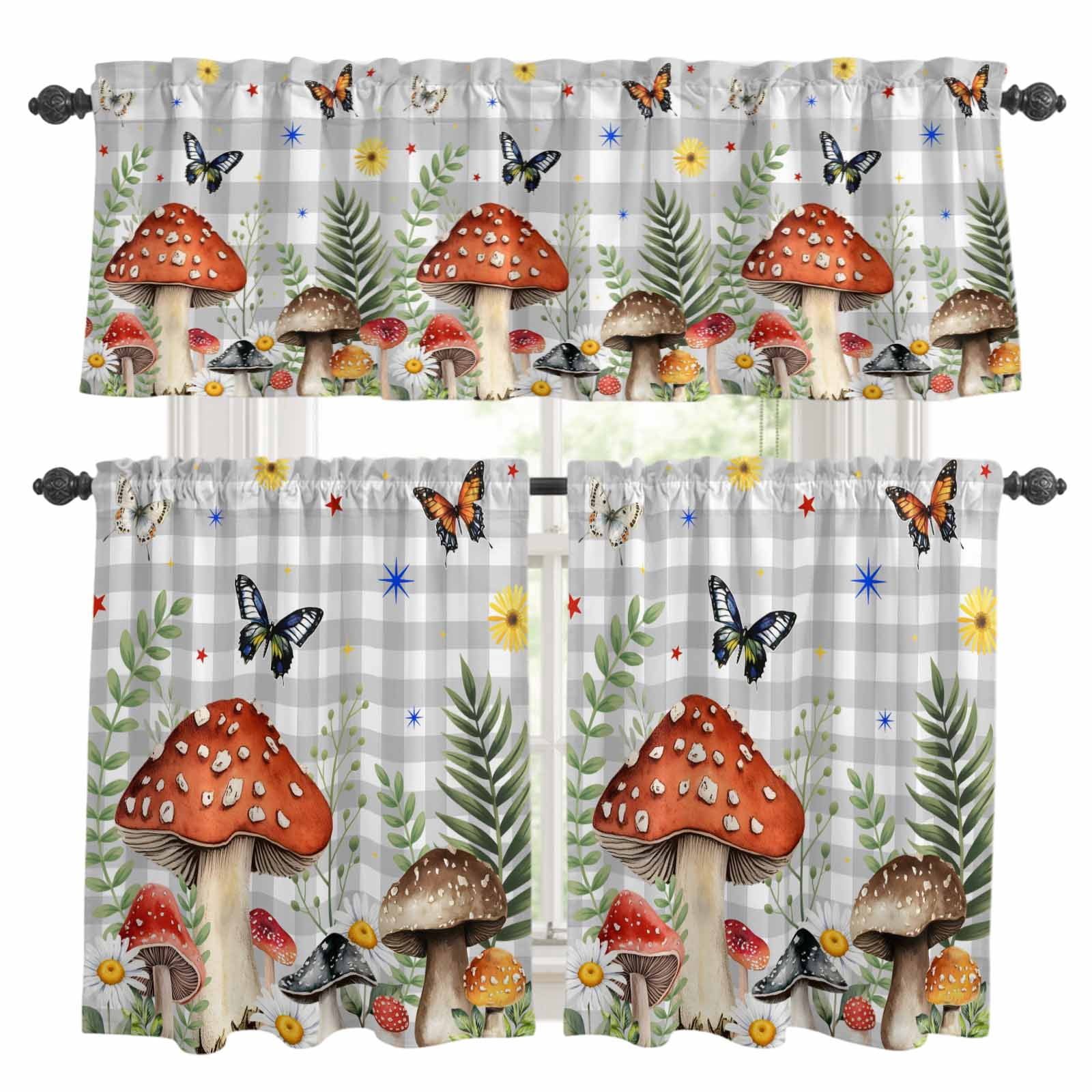 3 Piece Spring Mushroom Kitchen Curtain Valance and Tiers Set Daisy ...