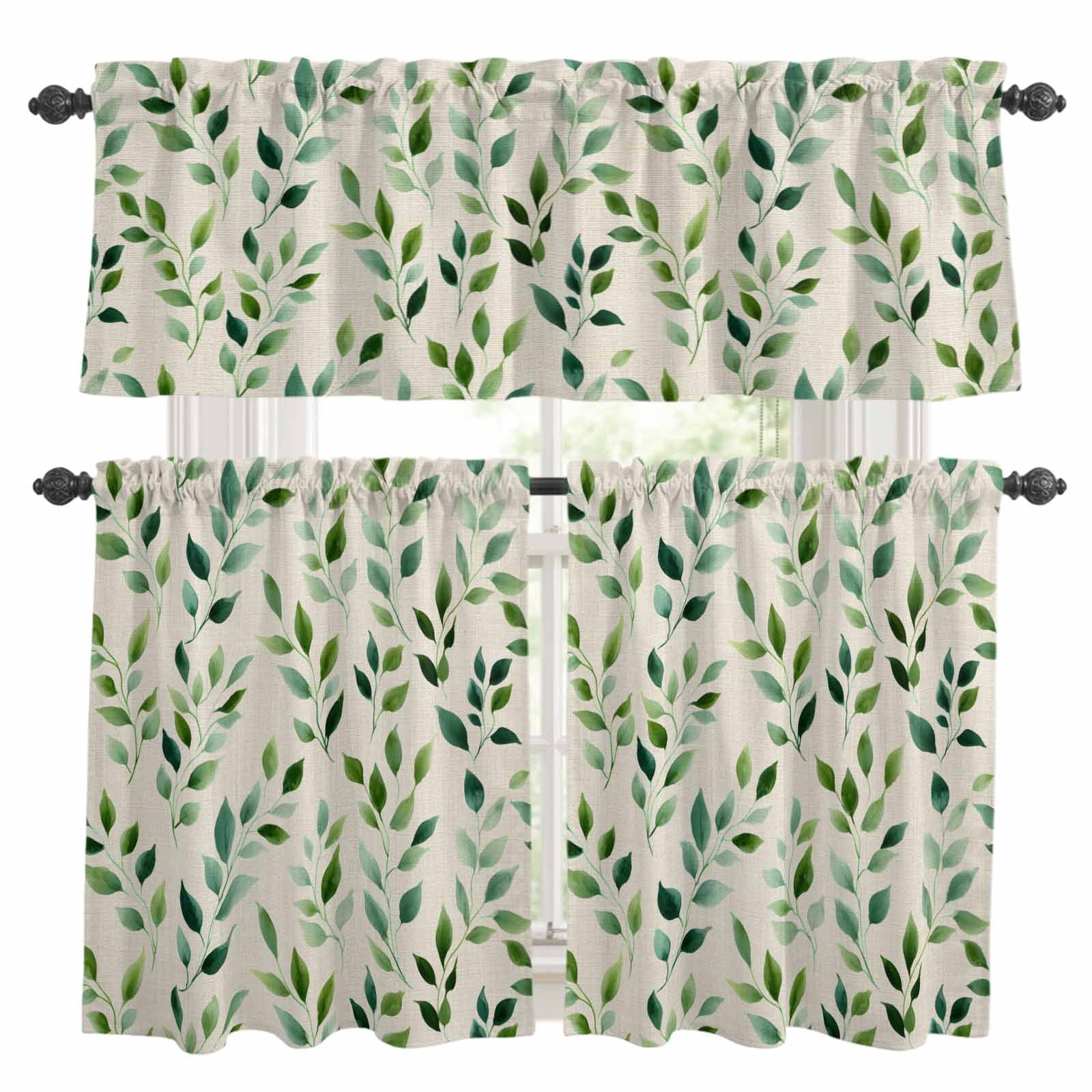 3 Piece Spring Plant Kitchen Curtain Valance and Tiers Set Vintage ...